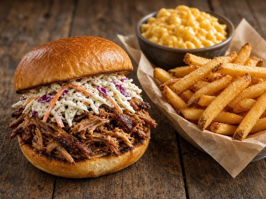 Pulled pork sandwich and sides
